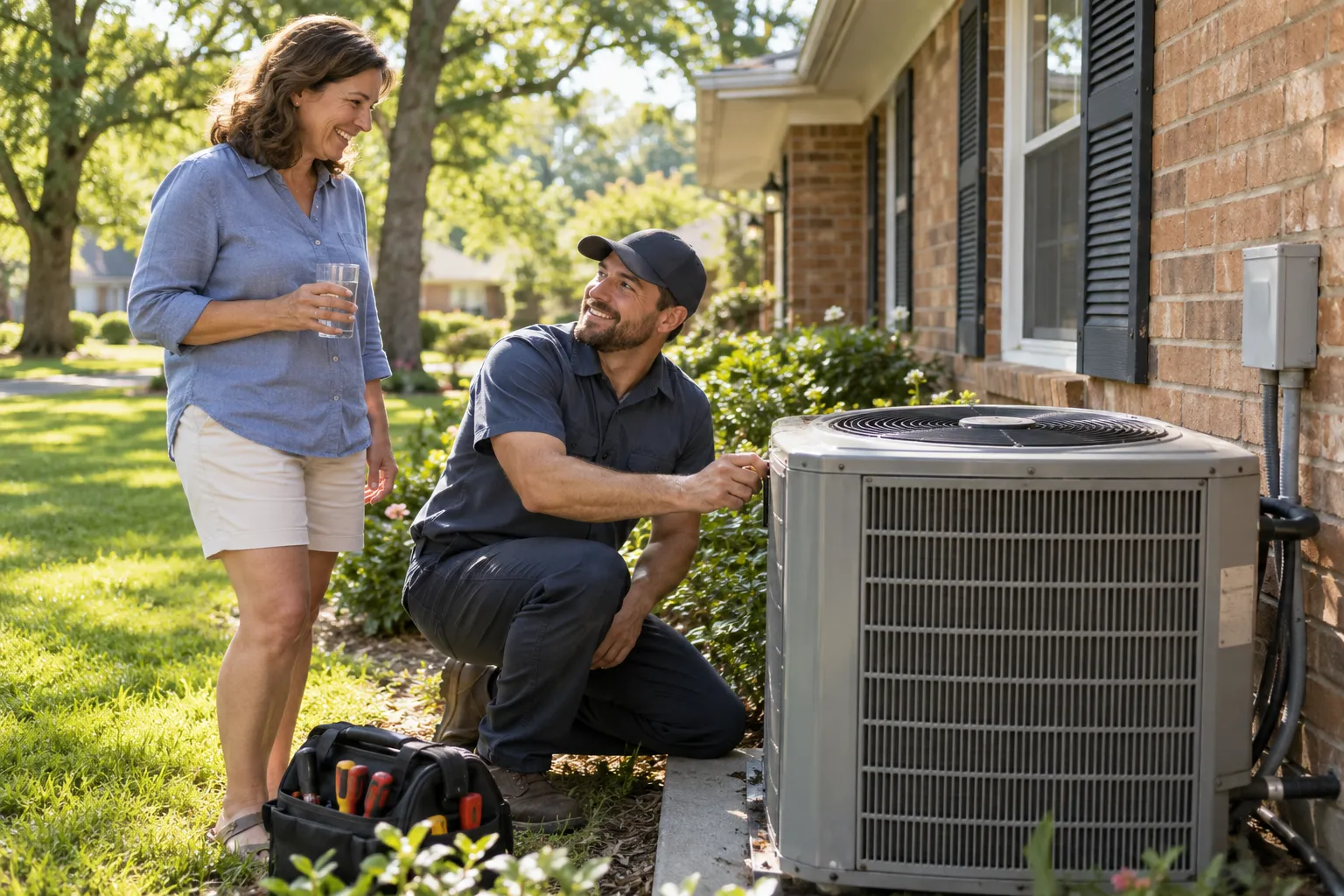 Friendly HVAC provider checking an outdoor air conditioner beside a brick ranch home in the Aurora area