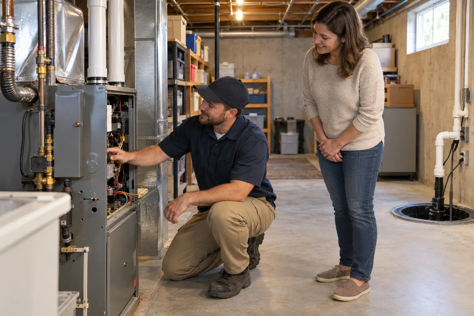 A provider checking a furnace in a home basement in the Aurora area